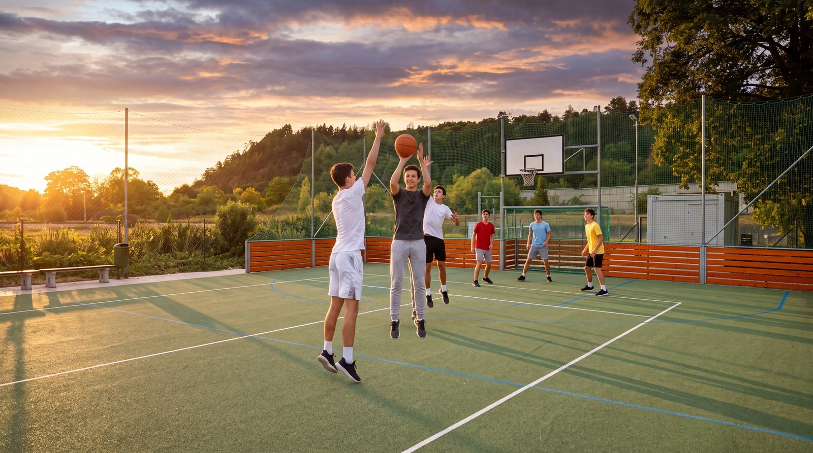 Hotový záběr: kluci hrají basketbal při západu slunce