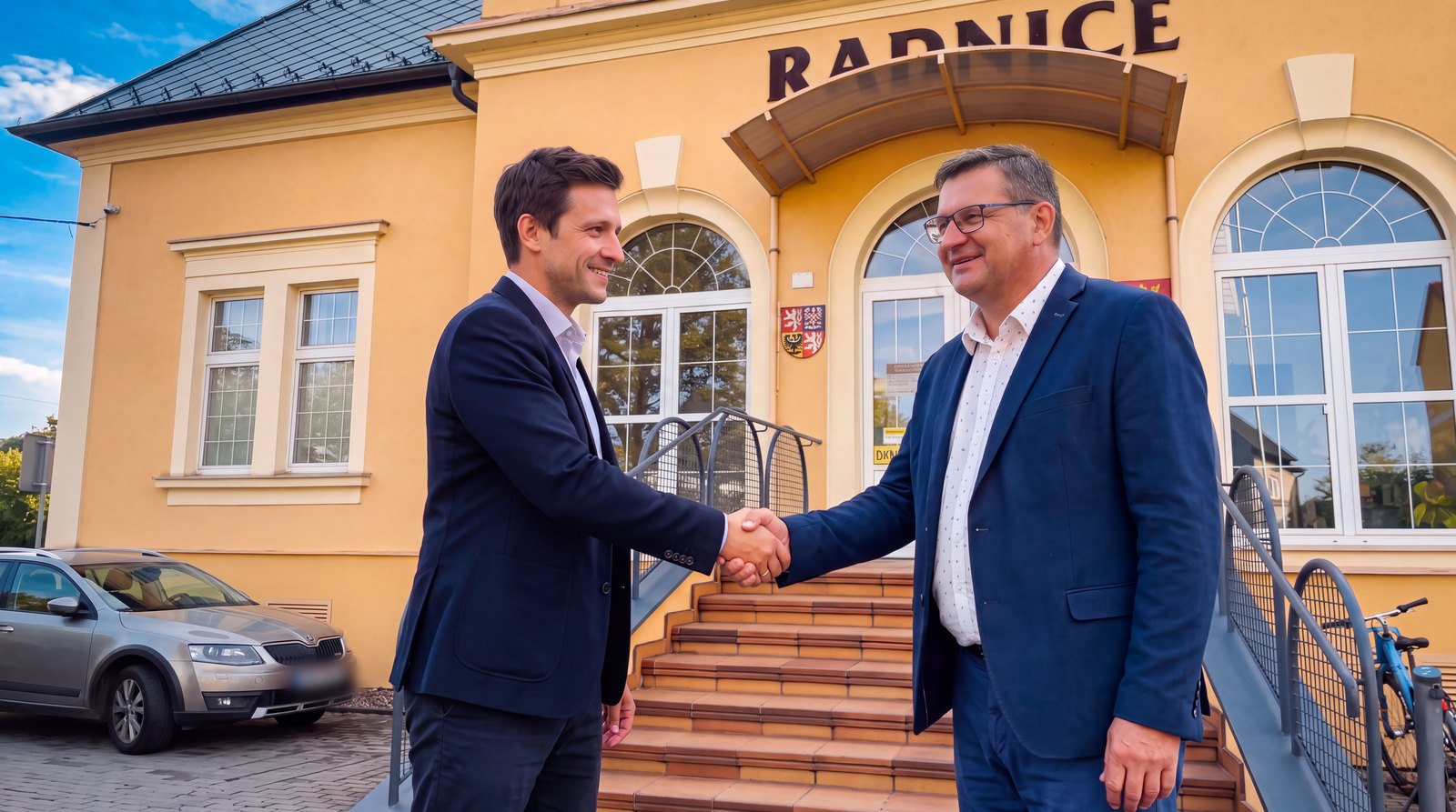 Hotový záběr: pan starosta si před radnicí podává ruku s mladým mužem z příběhu
